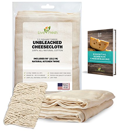 LiveFresh Unbleached Cheesecloth with 50' All-Natural Unbleached Cooking Twine and Cheesemaking Guide - Grade 50, 2.5 Yards