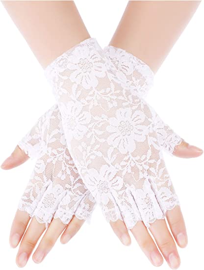 Skylety Sunblock Fingerless Bridal Lace Gloves Women Short Floral Gloves for Wedding Opera Tea Party