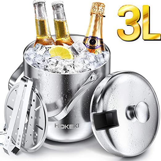 Ice Bucket, HOKEKI Stainless Steel Insulated Double Wall Bar Ice Bucket Set, Included Lid, Tongs and Strainer Keeps Ice Cold & Dry, Great for Home Bar, Chilling Beer, Champagne and wine (Silver)