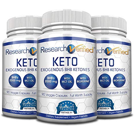Research Verified Keto - Vegan Keto Supplement with 4 Exogenous Ketone Salts (Calcium, Sodium, Magnesium and Potassium) and MCT Oil to Boost Energy, Weight Loss and Focus in Ketosis - 3 Bottles