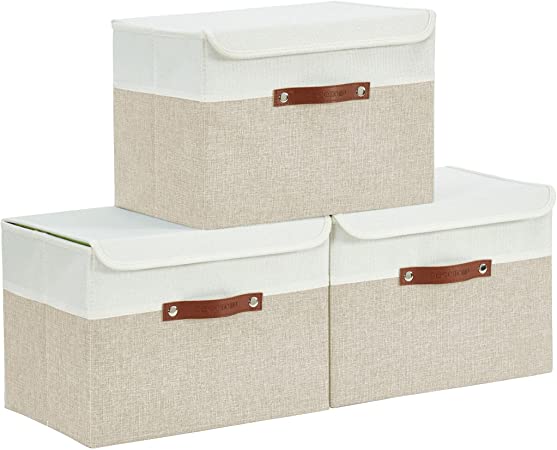 DECOMOMO Foldable Storage Bin with Lids [3-Pack] Collapsible Sturdy Cationic Fabric Storage Basket Box Container W/Handles for Organizing Shelf Nursery Linen (Beige and White, 15 x 11 x 11” – 3 Pack)