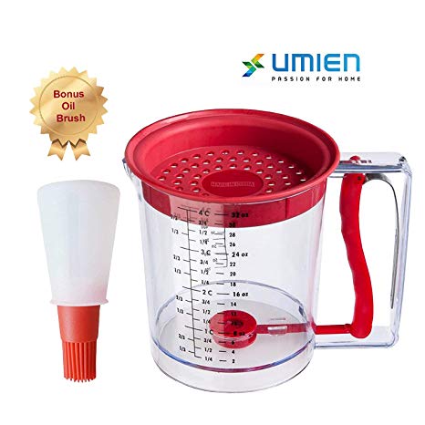 Four Cup Fat Separator with Bottom Release is a Batter Dispenser and Measuring Cup with Bonus 2 Ounce Silicone Oil Brush Cooking Set