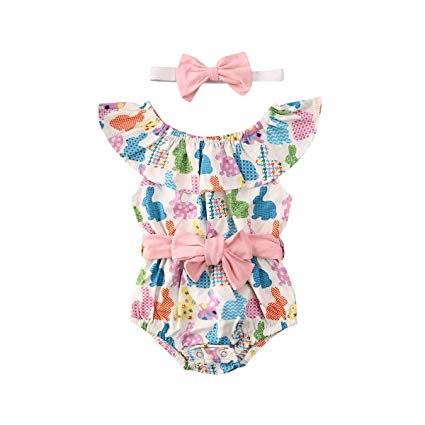 Newborn Baby Girl Easter Clothes Rabbit Romper Bunny Bodysuit Ruffled Jumpsuit Halter Playsuit Backless Sleeveless Outfit