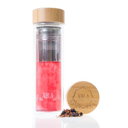 Aira Tea Infuser Glass Tumbler Largest Size Water Bottle 450 ML with Bamboo Lid and Stainless Steel Loose Leaf Strainer. Best Infuser Tea Cup for Fruit Infusion, Ice Tea or Hot Tea!