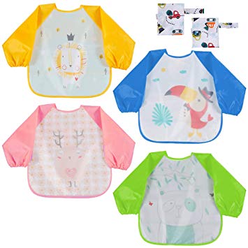 Lictin Bibs with Sleeves EVA Baby Bib 4pcs Double Layer Bib Waterproof Unisex Long Sleeved Baby Bandana Drool Baby Apron for Infant Toddler 6-36 Months with 2 Waterproof Storage Bag