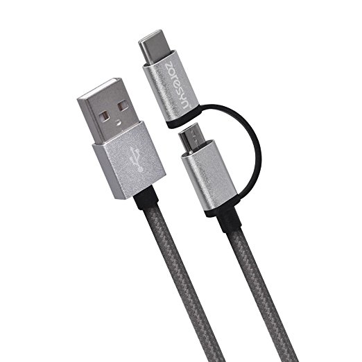 Zoresyn 6.6ft/2m 2 in 1 Type C / Micro USB Nylon Braided Cable for Pixel/Pixel XL, New MacBook, Lumia 950/950XL Nexus 5X/6P, Chromebook Pixel and More Devices (Grey)