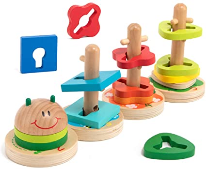 TOP BRIGHT Wooden Sorting Stacking Board Toys - Shape Color Recognition Blocks Matching Puzzle for 1 Year Old Toddlers Montessori Shape Color Sorter Toy 19 Pieces