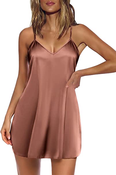 Ekouaer Sleepwear Lingerie Chemise Nightgown V-Neck Women Sleeveless Camisole Slip Dress