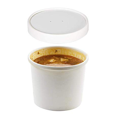 (Set of 100) 12 oz White Paper Soup Containers with Lids Combo Pack, Take Out Hot / Cold Food Containers, Ice Cream / Frozen Yogurt Dessert Cups,  / To-Go Disposable Deli Containers by Tezzorio
