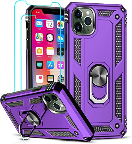 LeYi Compatible with iPhone 11 Pro Case with [2Pack] Tempered Glass Screen Protector, [Military-Grade] Protective Phone Cover Case with Magnetic Mount Ring Kickstand for iPhone 11 Pro 5.8 inch, Purple