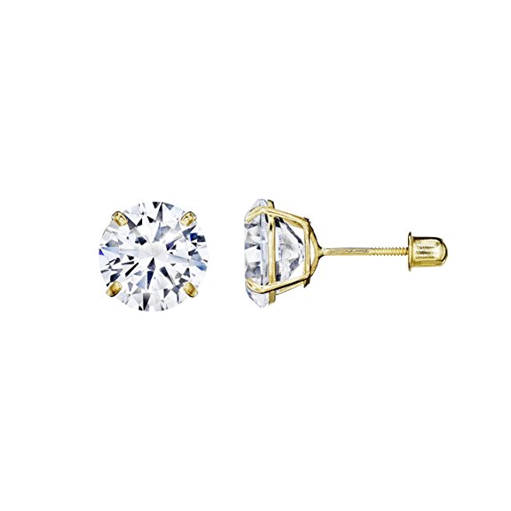 14kt Solid Yellow Gold Superbright Clear Cz Basket Setting Round Screwback Stud Earrings