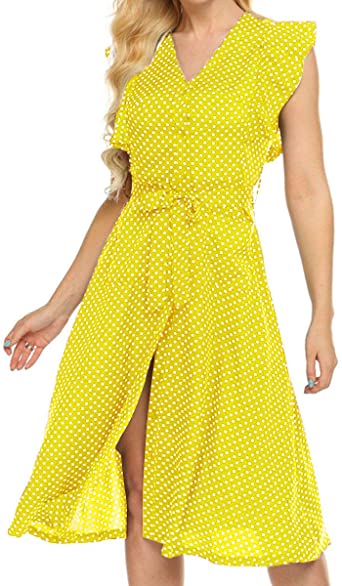 OMSJ Womens Cute Dresses Polka Dot Swing Midi Dress with Pockets