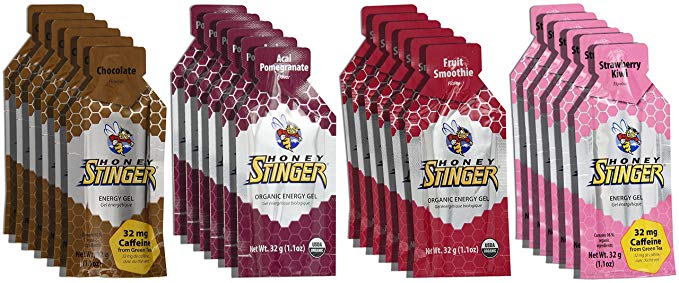 Honey Stinger Organic Energy Gels Variety Pack Bundle - 24 Packages (32g each), 6 of Each Featured Flavor in HFXGINGER Gift Box