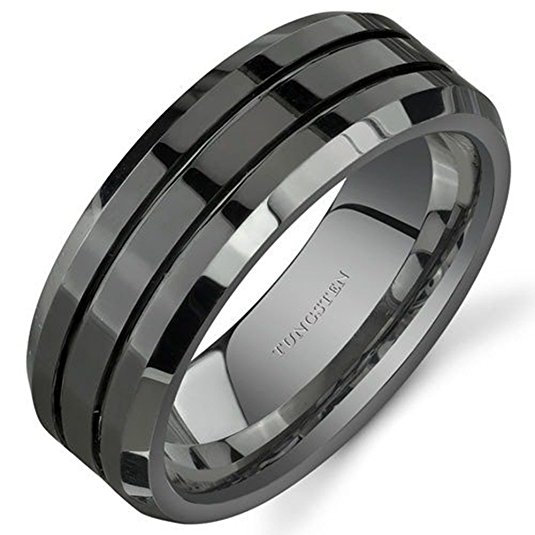 King Will CLASSIC Men 8mm Black Tungsten Carbide Rings Polished Beveled Edge Double Groove Wedding Bands