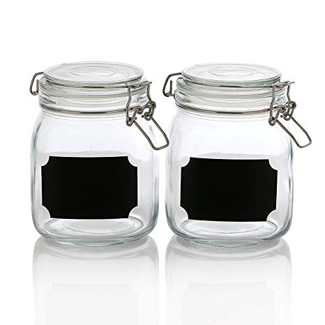 Set of 2, 32 Ounce Clear Airtight Canister Set with Chalkboard Labels, Glass Jars for Cereal, Flour, Pantry Storage Jars