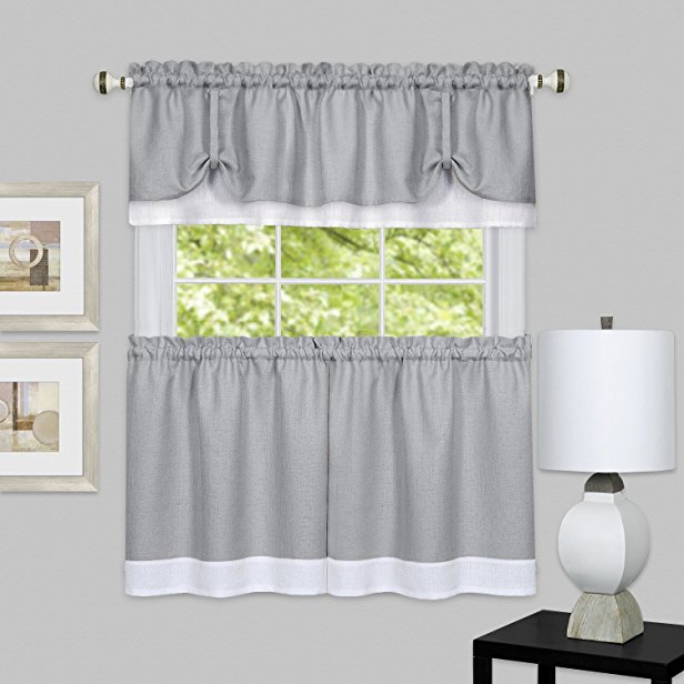 Achim Home Furnishings Darcy Window Curtain Tier & VALANCE Set, Tier-58" X 24" & VALANCE-58" X 14", Grey/White