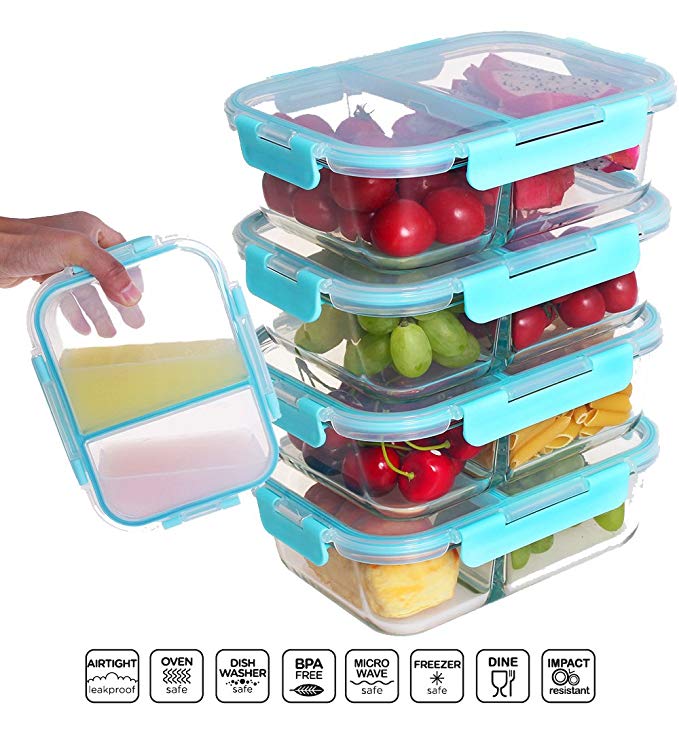 [4 PACK] FreshSav Series 35.5 oz Compartmentalized Glass Meal Prep Food Storage Containers Set Airtight locking Lids | Microwave, Freezer, Oven & Dishwasher Safe (2 Sealed Compartments Set)