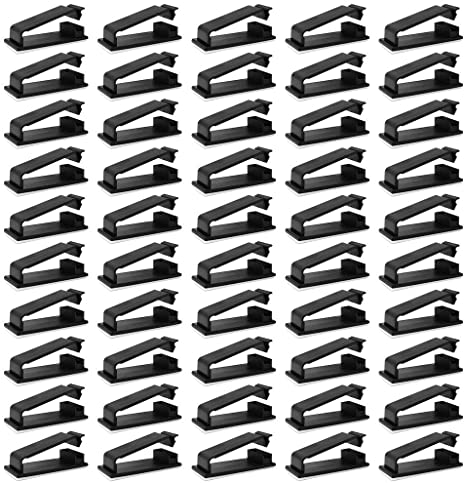 50pcs Black 3M Adhesive Cable Clips, Viaky Wire Management Clamps Cord Clips Holder for Home, Office, Cubicle, Car, Nightstand, Desktop PC TV Cable Organizer Runs