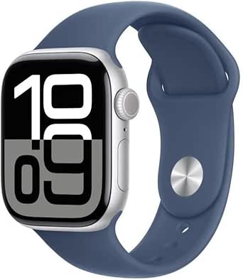 Apple Watch Series 10 (GPS 42 mm) Smartwatch mit Aluminiumgehäuse in Silber und Sportarmband in Denim (M/L). Fitnesstracker, EKG App, Always-On Retina Display, Wasserschutz