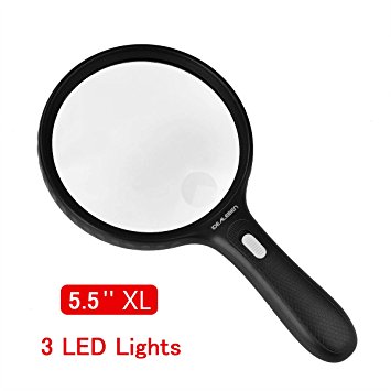 5.9 Inch Large Magnifying Glass with 3 LEDs Illuminated Jumbo Magnifiers 2X Lens 5X Zoom for Reading / Crafts (with 4 AAA Batteries)