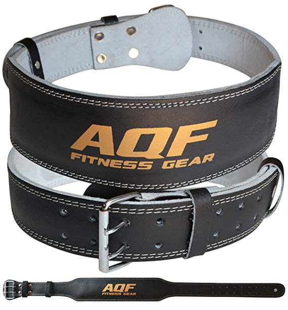 AQF 4" Leather Weight Lifting Belt Padded Lumbar Back Support with Suede Lining and Steel Roller Buckle Contoured Fitness Exercise Bodybuilding