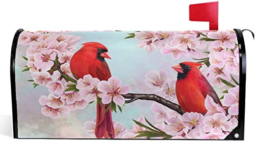 Wamika Spring Flowers Birds Mailbox Covers Magnetic Summer Sakura Red Cardinal Mailbox Cover Standard Size 18" X 21" Mailbox Wraps Post Letter Box Cover Home Garden Decorations