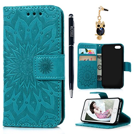 iPhone SE Case, iPhone 5S Case,iPhone 5 Case MOLLYCOOCLE [Sun Flower] Embossed PU Leather Wallet Case Kickstand Magnetic Flip Case Card Holders & Hand Strap Protective Cover for iPhone SE/5S/S - Blue