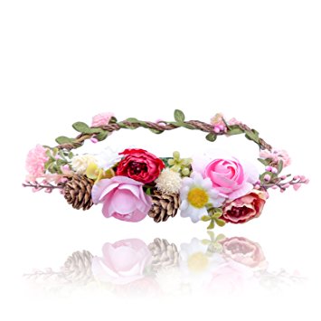 AWAYTR Bohemia Flower Crown Headband - Exquisite Pinecone Leaf Berry Flower Headband Flower Halo Wreath (Rose red pink)