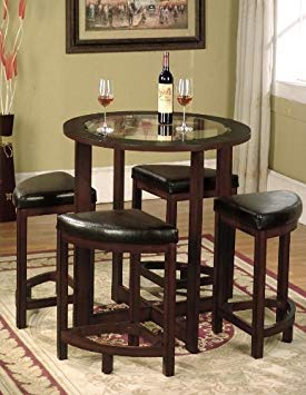 Roundhill Furniture Cylina Solid Wood Glass Top Round Counter Height Table with 4 Stools