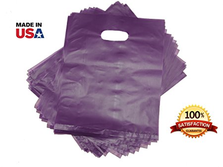 100 Purple Merchandise Bags, Shopping Bags, 12” X 15” with Die Cut Handle, No Gusset, 2.0 Mil.