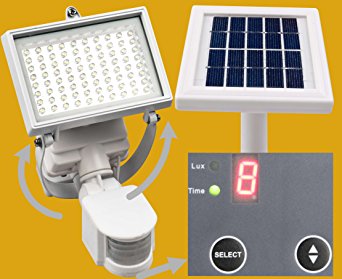 MicroSolar - Warm White - 80 LED - Waterproof - Lithium Battery - Digitally Adjustable TIME & LUX with Buttons --- Adjustable Light Fixture from Left to Right, Up and Down // Outdoor Solar Motion Sensor Light