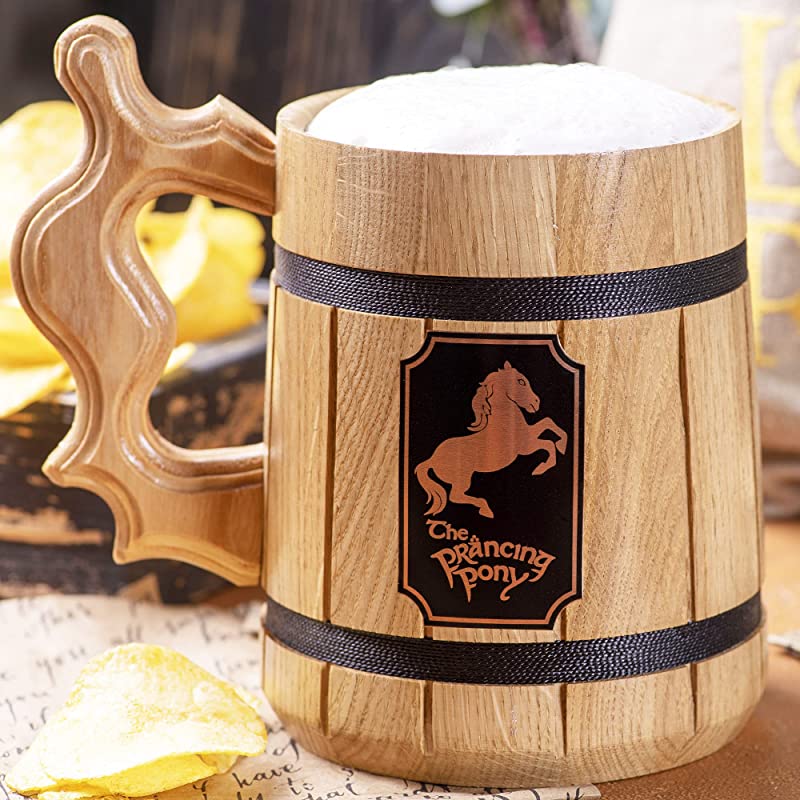Prancing Pony Beer Mug with Sake, 17oz, LOTR Gift, Lord Of The Rings Prop, Wooden Beer Stein, Hobbit Decorations, Groomsman Gift Tankard