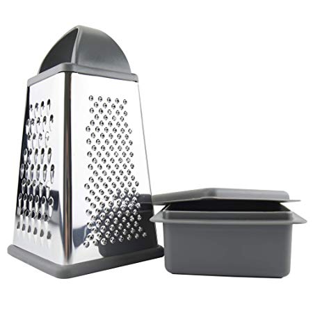 Tovolo 61-27299 Box Grater, Stainless Steel with 4 Sides Best for Parmesan Cheese, Vegetables, Ginger, Nuts with Detachable Storage Container One Charcoal