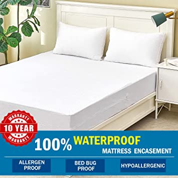 Bedding Encasement Six-Sided, Cooling Zippered Mattress Encasement with Bamboo Mattress Protector Top, Hypoallergenic Waterproof Zipper Mattress Protector Queen Size Vinyl Free Mattress Pad Cover