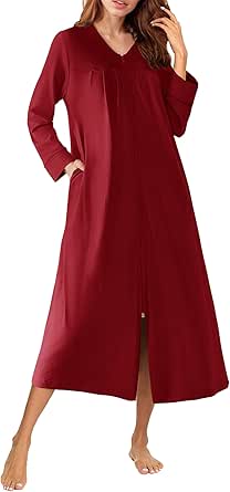 Ekouaer Zipper Robes for Women Long Knit Bathrobes Lightweight Full Length Housecoat with Pockets Loungewear Nightgown