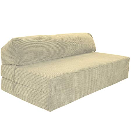 Gilda | Futon Z Double Adult Sofa Bed (Jazz Cushion) – Deluxe Da Vinci Cord Fabric Fold Out Mattress Fabric Bounce Back Fibre Blocks Premium Block Work Range (Soft & Snugly)(Cream)