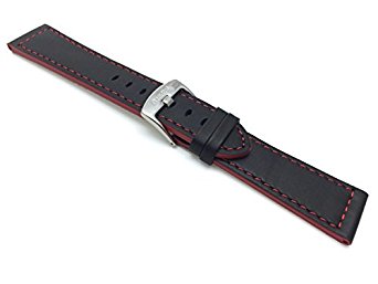 18mm to 24mm, Leather Watch Strap Band, Racer, Black with Red, Blue, Green, Yellow or Orange Stitching