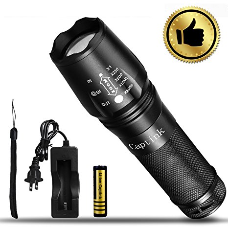 Captink T7 Outdoor waterproof tactical flashlight,Adjustable Focus Torch, 5 Modes, Rechargeable 18650 Battery,CREE Led Flashlights