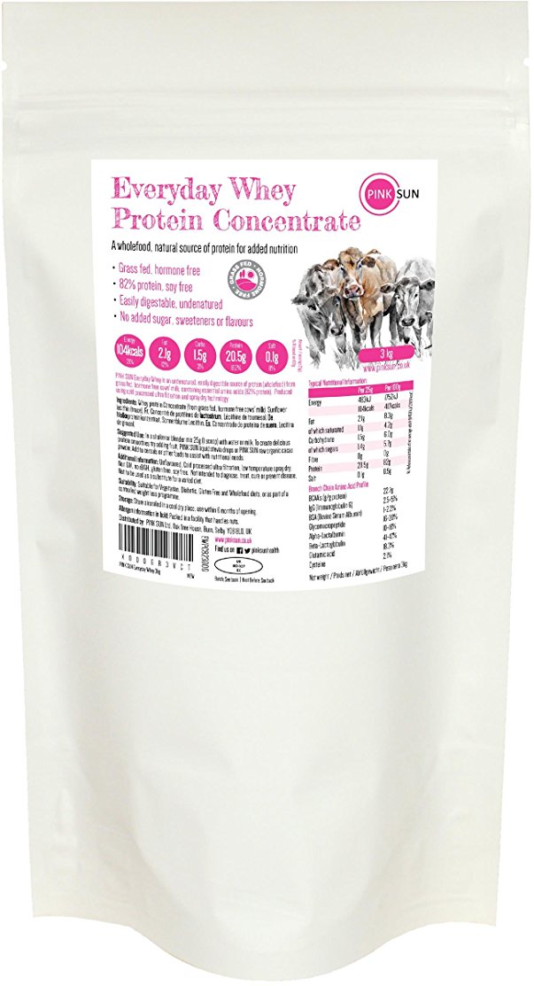PINK SUN Everyday Whey 3kg - Grass Fed Hormone Free Whey Protein Concentrate Powder (82% protein) Vegetarian Undenatured Unflavoured Soy Free Gluten Free Bulk Buy Unsweetened