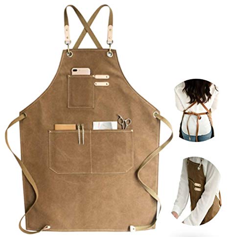 Chef Apron, Cotton Canvas Cross Back Adjustable Apron with Pockets for Women and Men, Kitchen Cooking Baking Bib Apron, Adjustable Strap and Large Pockets,Canvas, M-XXL- Cappuccino Brown