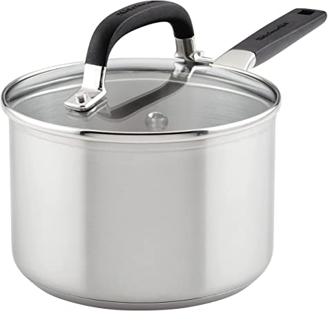 KitchenAid Stainless Steel Saucepan with Measuring Marks and Lid, 2 Quart, Brushed Stainless Steel