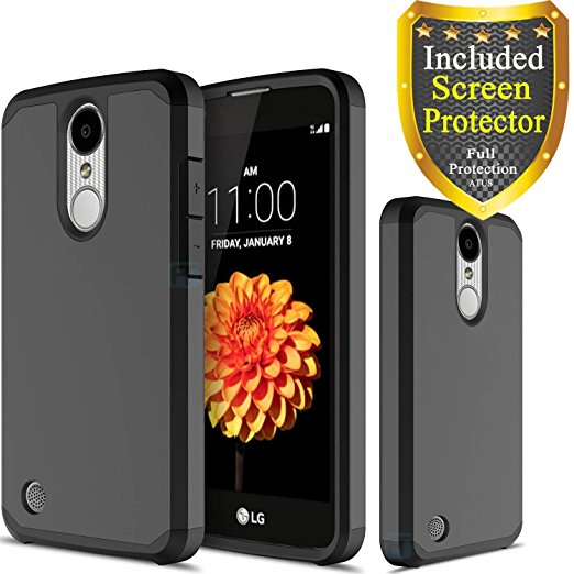 LG K20 Plus, LG K20 V, LG Harmony, LG Grace, LG K10 2017, ATUS - Hybrid Dual Layer Hard Cover Silicone Case With HD Screen Protector and Stylus Pen (Black/Black)