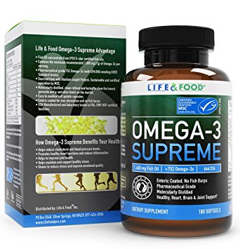 Omega 3 Supreme Strength 1400 mg - High EPA DHA Fish Oil (3 MO. SUPPLY*) 180 Burpless Softgels, MSC Certified & 3rd Party Tested - Improved Absorption