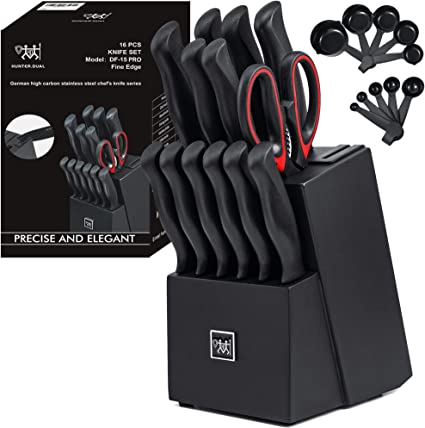 HUNTER Knife Set, Dishwasher Safe Kitchen Knife Set with Block, 24 Pcs Black Kitchen Knife Sets with Block Self Sharpening, 6 Steak Knives, Black