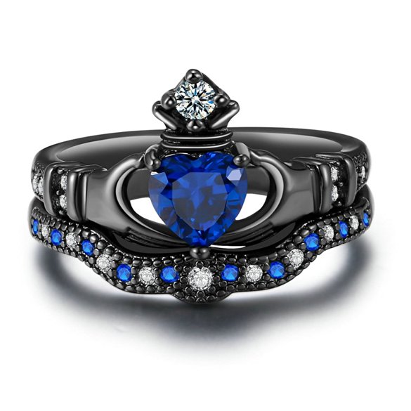 Zealmer Gold Plated Cubic Zirconia CZ Blue Sapphire Heart Cut Bridal Crown Claddagh Ring