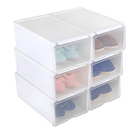 Shoe Box, HST Mall Ladies Men Stackable Plastic Shoe Storage Box Organiser with Clear Door Set of 6 33cmx22cmx14cm White