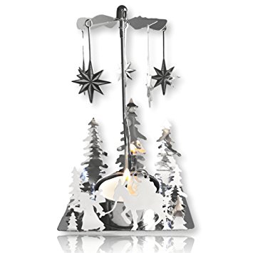 Nativity Candle Spinner - Laser Cut Plated Silver Tea Light Holder with a Nativity Scene and Moravian Stars - Scandinavian Design Candle Holder