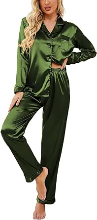 Ekouaer Women's Classic Button Down Long Satin Silk Pajama Set