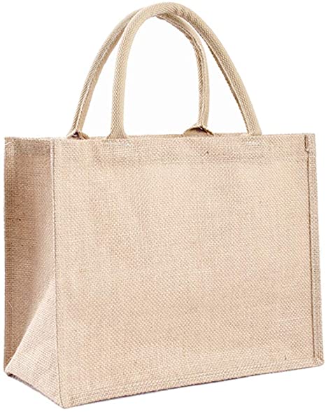 Reusable Jute Tote Bag Eco Friendly Burlap Grocery Bags for Shopping Beach Vacation Picnic, 12.2" x 9.6" x 4"