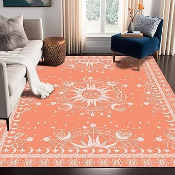 5' X 7' Sun and Moon Rug Boho Celestial Area Rugs for Bedroom Dorm Living Room Bohemian Occult Crescent Solar Stars Galaxy Floor Mat Pad Doormat Carpet,150 X 210cm,Apricot